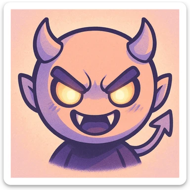 devil emoji, chibi style, pastel palette with peach and lilac colors, sharp fangs, glowing eyes, dramatic shadows sticker