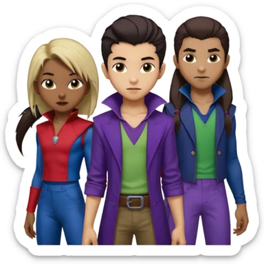 Solo poly platonic relationship, one African girl, one Asian boy, one biracial features Asian tomboy girl rat-tail hair long and upper masculine hair 90s, vampire and marvel cosplay elements inspired  use marvel race, like instead of obvious human, green purple blue etc,  sticker