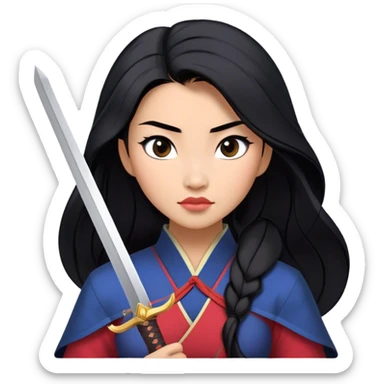 Cinematic Realistic Mulan Portrait, depicted with lifelike skin texture, soft natural lighting, and intricately detailed long black hair styled elegantly. Her deep, expressive eyes exude determination and grace, complemented by a serene yet confident expression. She stands with one hand resting on the hilt of her sword, the other by her side, exuding strength and poise. She is dressed in her classic attire, with rich fabric textures and delicate folds that catch the light beautifully. The portrait features a soft, enchanting glow with a natural, radiant finish, capturing the essence of timeless strength and beauty in a realistic and painterly style, evoking a sense of depth and authenticity. sticker