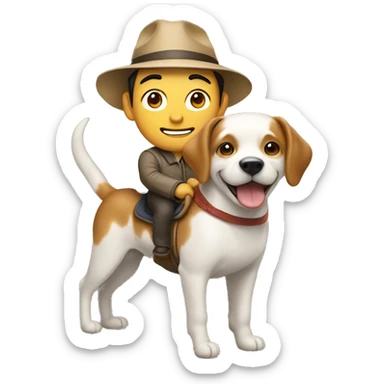 An Asian man riding a dog in a hat sticker