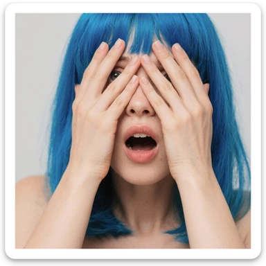 Woman with blue hair with hands over her eyes in disbelief  sticker