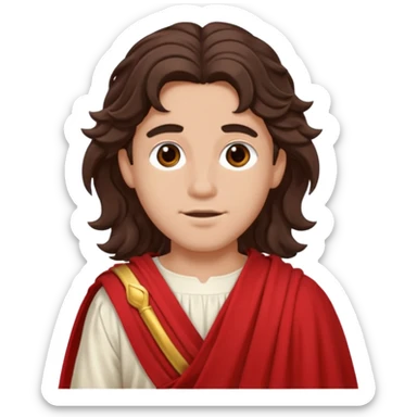Adonis from The Olympians with long dark brown wavy hair, red toga sticker