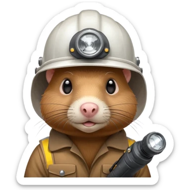 a mole rat with ore drill, white helmet, headlamp sticker
