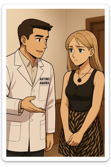 fai un webtoon/manga a colori con questo kinesiologo in camice bianco (fagli la scritta "ANTONIO ANANIA" SUL CAMICE) CHE PARLA CON QUESTA RAGAZZA CON GLI OCCHI AZZURRI. la ragazza gli fa una domanda preoccupata e IL KINESIOLOGO CON IL CAMICE BIANCO LE risponde. NON FARE I FUMETTI, FAI SOLO LORO COME SE DIALOGASSERO sticker