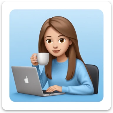young woman 20 years old, long straight brown hair, wearing a sweater, drinking coffee and working on a laptop, 3D Apple emoji style, light blue background sticker