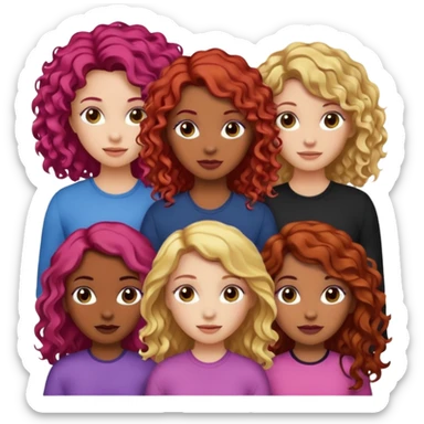 5 girlsone curly redhead, one with brunette dyed blonde hair, one long haired wavy brunette, one mid-length haired brunette, and one black haired girl with partially dyed bright red/pink hair sticker