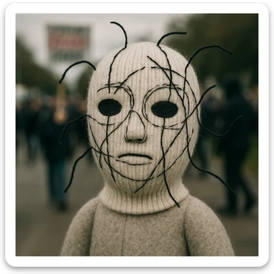 The mask is a full-head, white knitted balaclava with a tight ribbed texture. It features two asymmetrical eye openings and a partially exposed mouth area. Black thread is stitched across the surface in chaotic, abstract lines that trace facial features, giving a hand-drawn effect. Several black cords extend outward from the mask, varying in length and direction, adding a sculptural, almost organic appearance. The overall look is bold, handcrafted, and visually striking. sticker