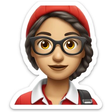 Chica morena, con gafas de aviador, con un polo rojo y un indicador con el logo de Vodafone  sticker