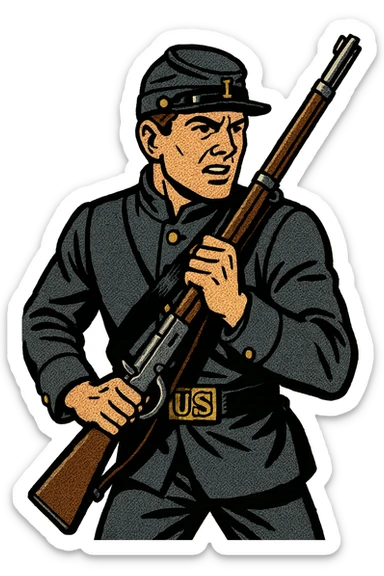 An American soldier from the 1860s in a union uniform carrying a rifle sticker