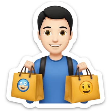 a white man with black hair carrying branded bags sticker