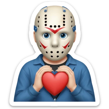 a cartoon image of Jason Voorhees, looking cute, with his hands clasped in front of him, at a sideways angle, looks like he is in love sticker