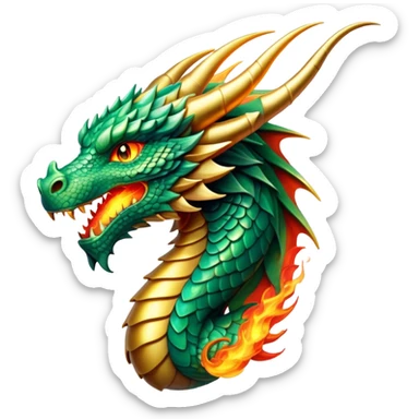 cinematic-noble-dragon-portrait-emoji,-poised-and-majestic,-with-a-sinuous, breathing raging fire breath, -elongated-body-covered-in-intricately-detailed,-shimmering-scales-in-hues-of-emerald-and-gold,-and-piercing,-fiery-eyes-that-reflect-ancient-wisdom; Breathing fire sticker
