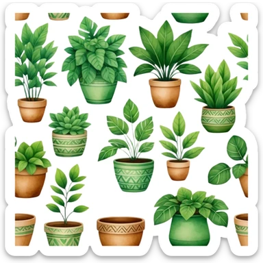 A stylized collection of leafy green plants in boho-inspired pots, arranged artistically in a watercolor painting. sticker