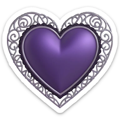 3D emoji gothic heart, deep purple satin, ornate silver filigree, black lace trim sticker