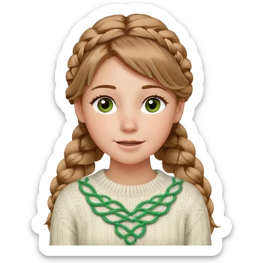 light brown hair blonde hair hazel/green eyes woman with a white cable knit sweater and one braid down her back  with tendrils of hair flowing down her face and she is happy pale, some freckles, blush. she has a cateye wing and long lashes sticker