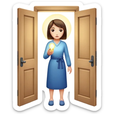 woman standing --behind her, multiple closed doors symbolizing rejection, but one door ahead is glowing, representing the path forward. In her hand, she holds a small bright light, symbolizing her knowing—her guide. sticker