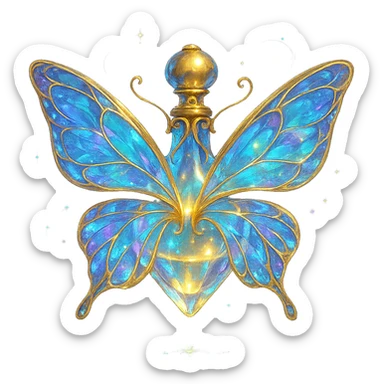elegant crystal butterfly-shaped bottle with golden details, floating in the air with no base or shadow, seamless bottom, vibrant fantasy style design, glowing and magical effects around, transparent background sticker