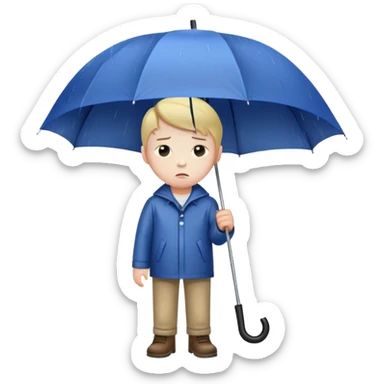Sad boy standing alone in the rain with an umbrella sticker