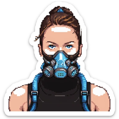 Pixelated athlete with VO2 max face mask and breathing apparatus, fitness lab testing sticker