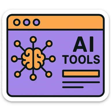 Modern icon for a website showcasing artificial intelligence tools, minimal, geometric, tech-inspired, in the style of a color outline icon, using a vibrant orange and purple color scheme, with no background. sticker