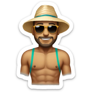 Man wearing sunglasses and beach hat and a swimsuit sticker