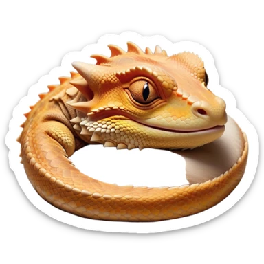 Meme-Worthy Cute Sleeping Bearded Dragon Portrait Emoji, Head resting peacefully with a contented smile, showcasing a delightfully robust build and a luxuriously soft scaled hide in warm earthy tones, eyes shut in a serene, restful nap, Simplified yet hilariously adorable features, highly detailed, glowing with a soft, drowsy light, high shine, relaxed and utterly lovable, stylized with an air of playful laziness, bright and heartwarming, soft glowing outline, capturing the essence of a comically sleepy dragon, so meme‐worthy it feels like it could instantly become the next viral sensation of adorable reptilian slumber! sticker