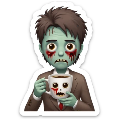 A cute but exhausted office worker character looking like a zombie, holding a giant cup of coffee, dark circles under eyes, messy hair, flat 2D vector art, white background, "Monday Vibes" text. cute sticker