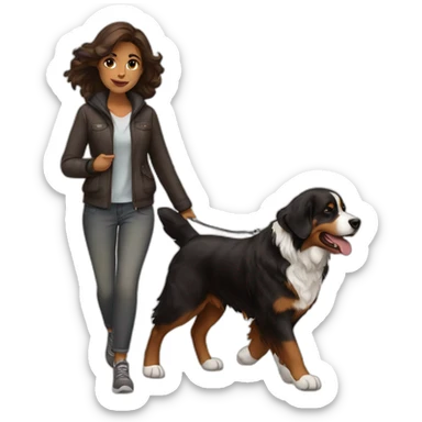 brown-haierd-woman-walking-bernese-dog sticker