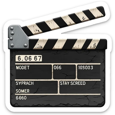 Minimalist emoji-style sticker of a cracked movie clapperboard with the date “06/06/66”, faint scorched marks, all in grayscale


 sticker