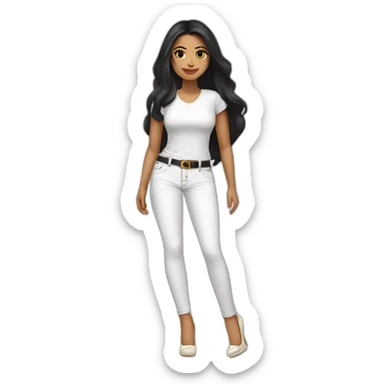 Brazilian Woman with small lips black eyes long black hair dressing white jeans with Tshirt in cream high heels her face sticker