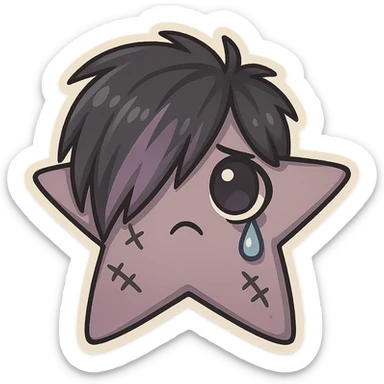 emo star, chibi style, black and purple, stitched, teardrop, dramatic shadows, big eyes, pastel palette sticker