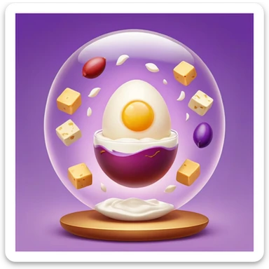 Floating orb of warm light containing mini bright icons: red meat, golden egg, purple beans, translucent tofu block and yogurt glass, slowly rotating around a radiant body figure that radiates strength and balance sticker