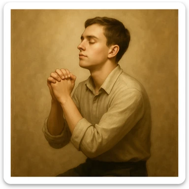 Remove the beard and make the man look 20 years old, keep the praying pose and peaceful expression, maintain the original style and appearance. sticker