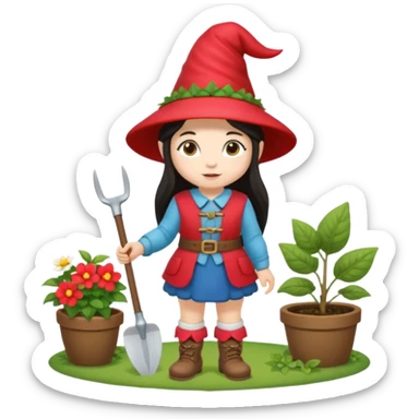 Cute garden girl gnome with long dark hair and full body sticker