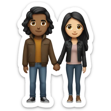 a couple holding hands. the guy has black middle part hair and is Persian and Filipino mix. the girl has brown medium length hair white and asian mix. the girl is where a crop top and the guy is wearing a jacket. sticker