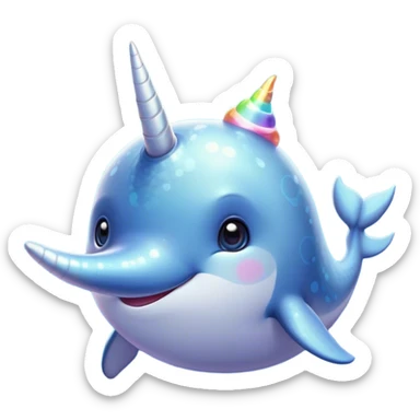 Cinematic Cute Cute Narwhal Portrait Emoji, Head tilted playfully and inquisitively, featuring a charming, sleek body with softly iridescent skin, a prominently spiraled tusk and large, twinkling eyes full of gentle wonder, Simplified yet irresistibly adorable features, highly detailed, glowing with a warm, inviting ocean glow, high shine, affectionate and lively, stylized with a touch of magical sea whimsy, soft glowing outline, capturing the essence of a mischievous yet endearing cute narwhal that seems as if it could frolic out of the screen into your heart! sticker