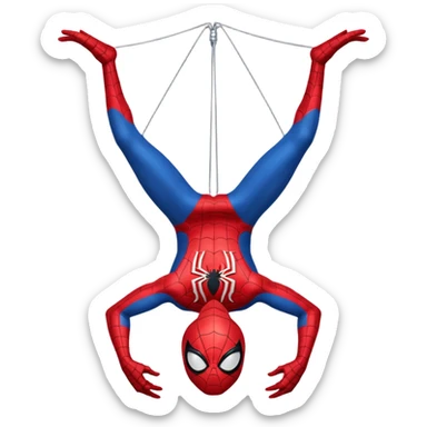 Un piccolo Spider-Man stilizzato in versione “chibi” o cartoonesca, appeso a testa in giù da un filo di ragnatela sottile. Il costume è classico,  La posa è compatta, con le braccia e le gambe piegate verso il corpo, dando un senso di leggerezza e simpatia.  sticker