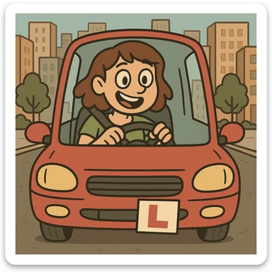 Add a simple city background, keep the cheerful learner driver behind the wheel with L-plate, cartoon style flat toon illustration. sticker