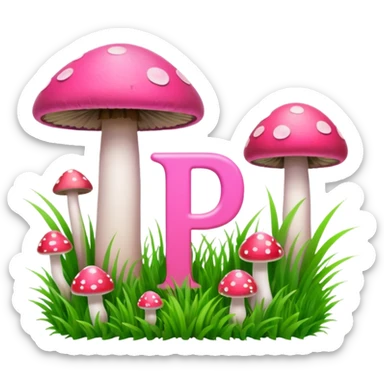P and P letter, pink and green, with grass growing, mushrooms around sticker
