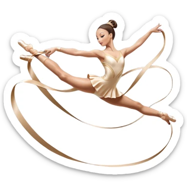 A graceful rhythmic gymnast performing with a flowing ribbon, executing an elegant leap mid-air. The pose exudes flexibility, balance, and artistry. The background suggests a competition arena with soft lighting, emphasizing movement, precision, and the beauty of the sport. sticker