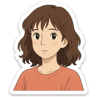 portrait of an Asian girl with medium brown wavy hair and brown eyes, paler skin tone, ghibli style sticker