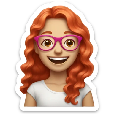 Pale, Long Wavy haired red head, girl with pink circular glasses glasses laughing sticker