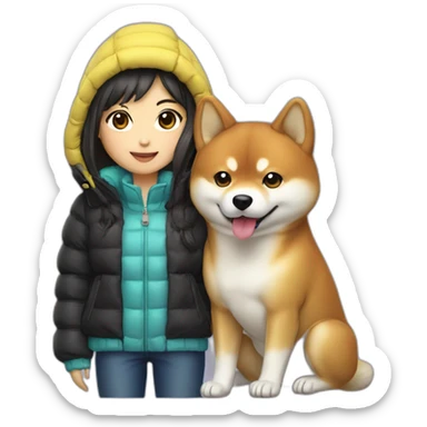 japanese girl and shiba wering puffer jacket  sticker
