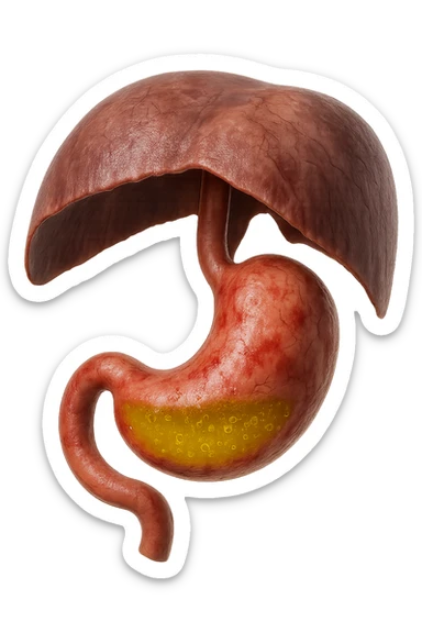 stomaco umano anatomico infiammato con acido giallo all'interno fluttua in aria insieme ad un diaframma umano, iperrealistico 4k, isolato su sfondo bianco sticker