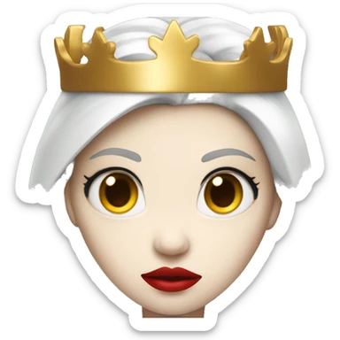 Queen with pale skin, long black hair, bright red lips, skinny gold crown, white dress, and evil stare.  sticker
