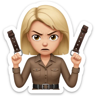 mom with a belt in her two hands and an angry expression on her face sticker