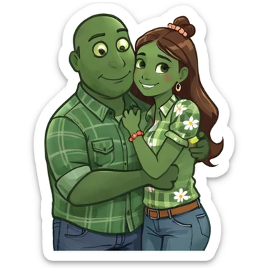Big tall Man with brown mullet and tanned girl with short dark hair hugging sticker