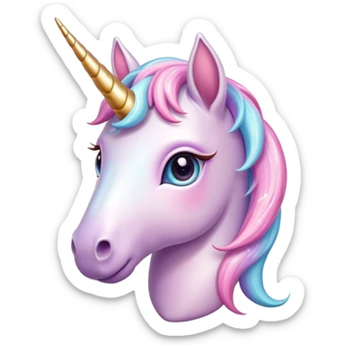 Cinematic Cute Unicorn Pony Portrait Emoji, Head tilted playfully and inquisitively, featuring a charming, diminutive form with a gentle pastel color, a delicate, sparkling horn and large, dreamy eyes full of wonder, Simplified yet irresistibly adorable features, highly detailed, glowing with a warm, magical glow, high shine, affectionate and lively, stylized with a touch of whimsical charm, soft glowing outline, capturing the essence of a mischievous yet endearing unicorn pony that seems as if it could prance out of the screen into your arms! sticker