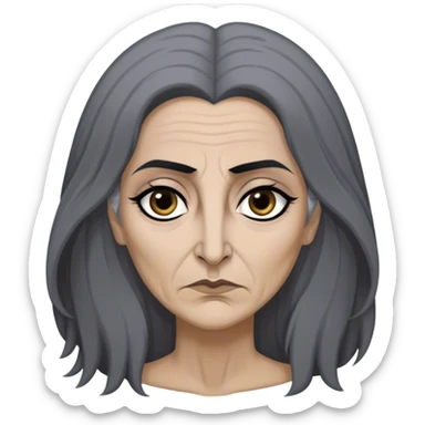 Mirri Maz Duur is a weathered, age 45 Lhazareen woman with deep-set dark eyes, high cheekbones, and a sharp nose, giving her a stern, knowing expression. Her long, unkempt dark hair streaked with gray falls loosely over her shoulders sticker