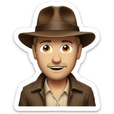 White Indiana Jones with a dark brown jacket and a brown hat, beige shirt sticker